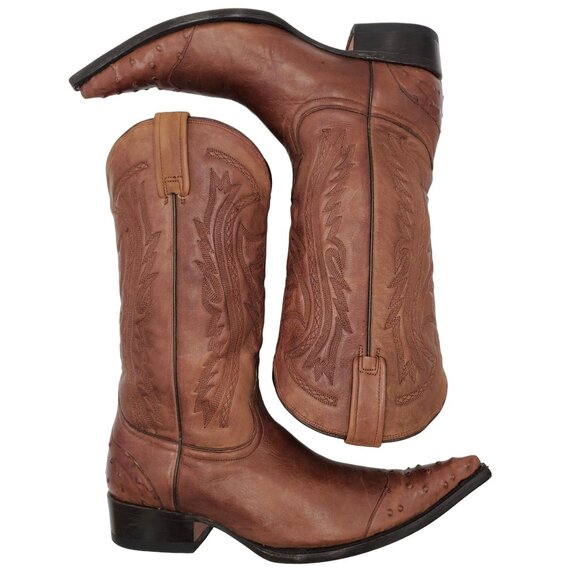 Cowboy Boots 8M Brown Ostrich Pointed Toe Leather Cowboy Western Black Rooster - Picture 10 of 16